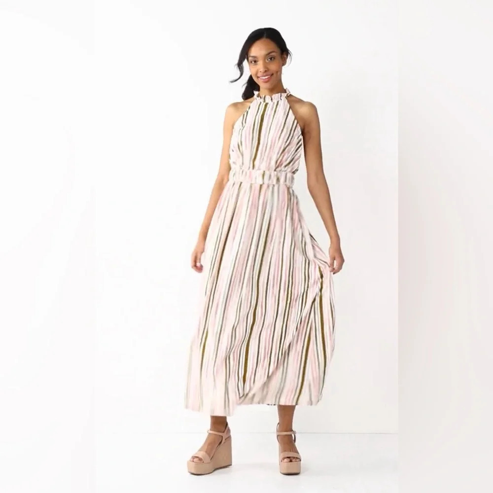 Nine West White Pink Halter Neck Maxi Dress Size S.